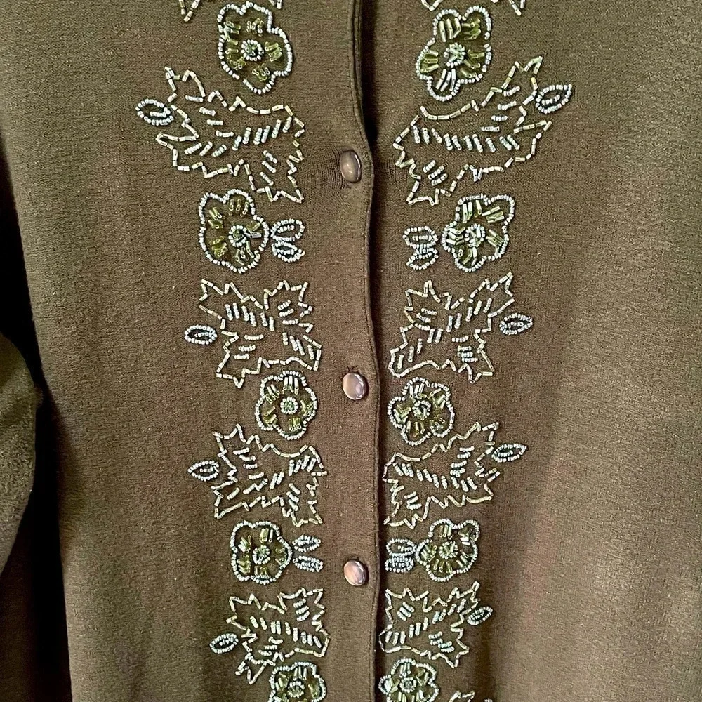 2pc Dress Barn Moss green sweater set. Embellished front & sleeve, button down. - Picture 3 of 7